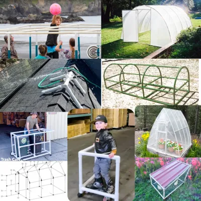 PVC Greenhouse kit, PVC 9 square kit, PVC roof sprinkler kit, PVC chicken coop kit, PVC Trash Cart, PVC Skate Trainer kit