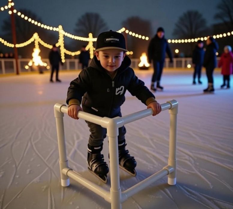 Boy skating on ice with PVC skate trainer