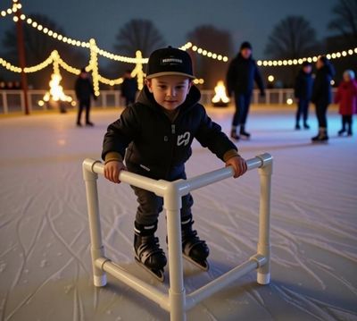 Boy skating on ice with PVC skate trainer