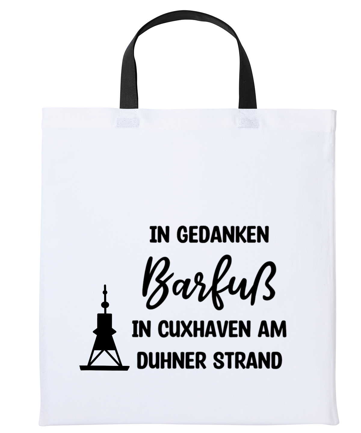 Baumwolltasche Weiß mit kurzen schwarzen Tragegriffen Duhnen Strand