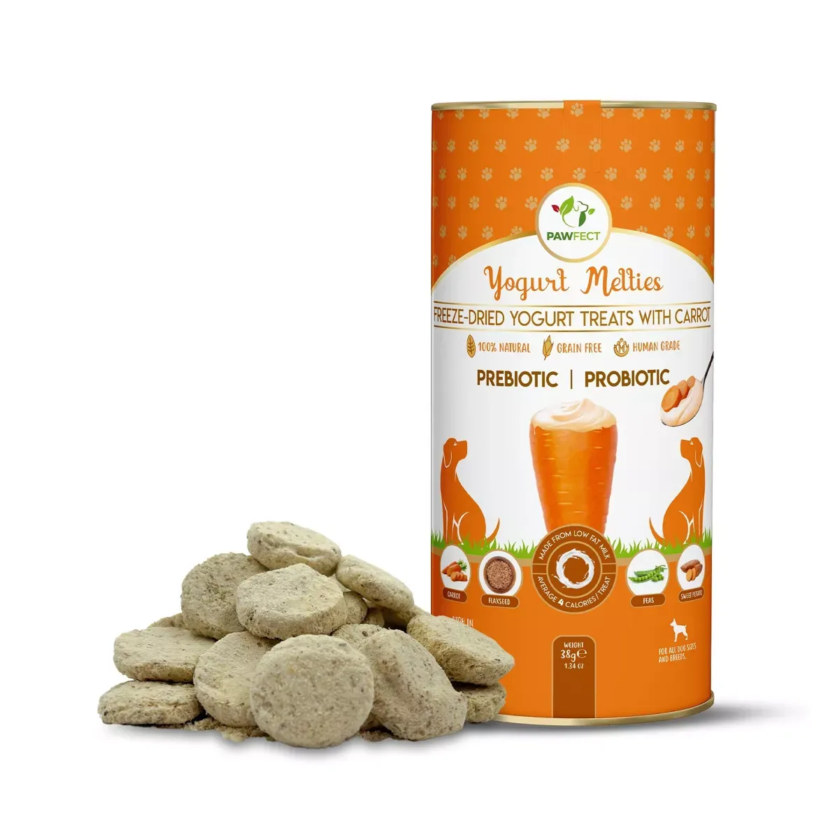 Pawfect Food Yoghurt Melties Pre and Probiotic Treats with Carrot, Flaxseed, Pea & Sweet Potato.