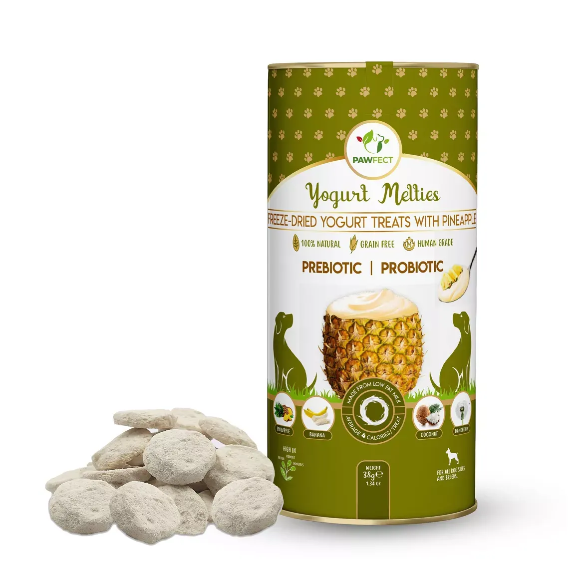 Pawfect Food Yoghurt Melties Pre and Probiotic Treats with Pineapple, Coconut, Banana & Dandelion.