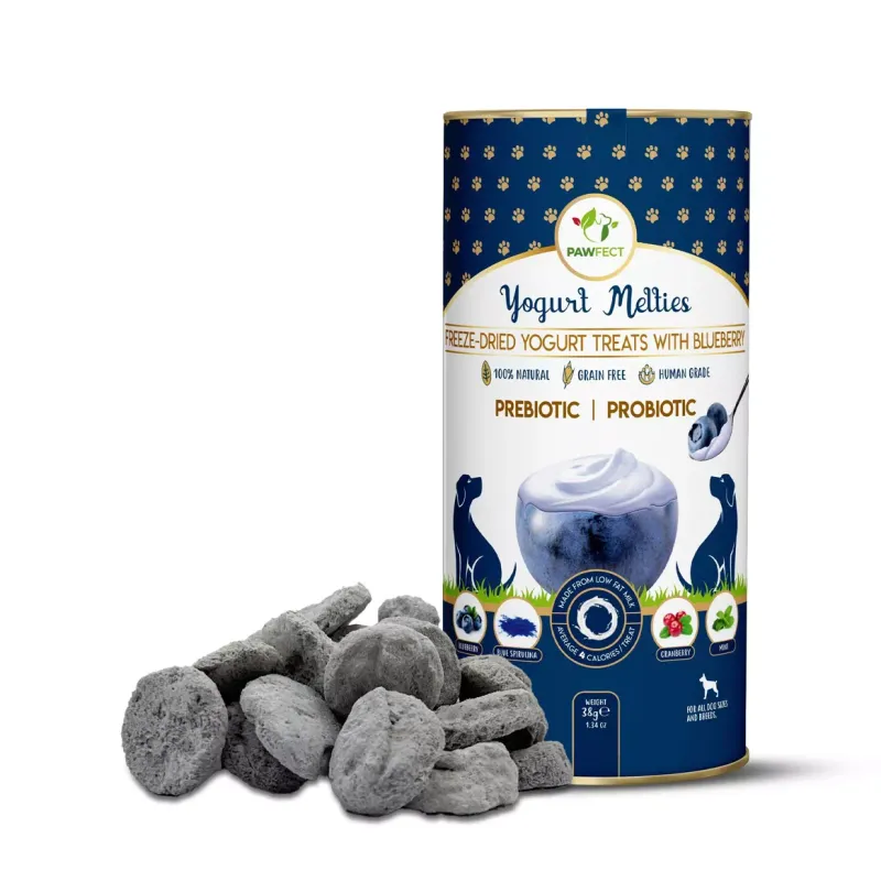 Pawfect Food Yoghurt Melties Pre and Probiotic Treats with Blueberry, Cranberry, Blue Spirulina & Mint.