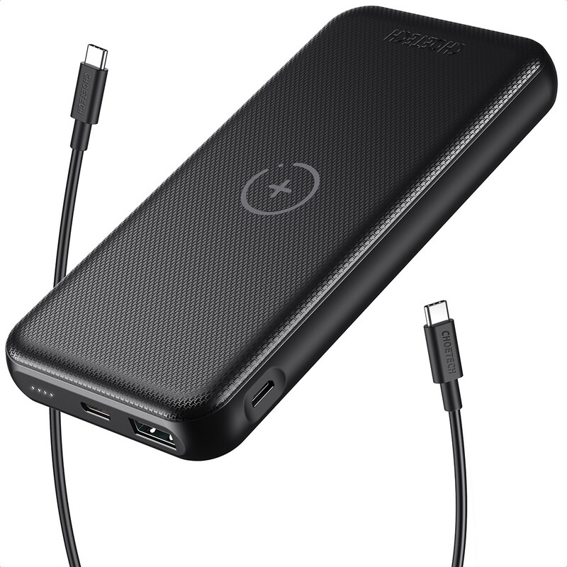 Choetech Power Bank USB-C & USB-A (10,000mAh / 20W PD) with Wireless Charger (10W), Black