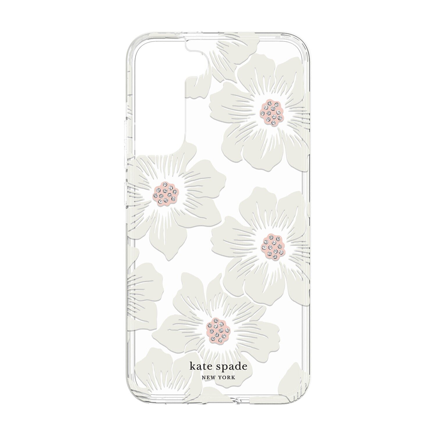 Kate Spade Samsung Galaxy S22 5G 6.2" Defensive Hardshell, Hollyhock Floral Clear/Cream with Stones