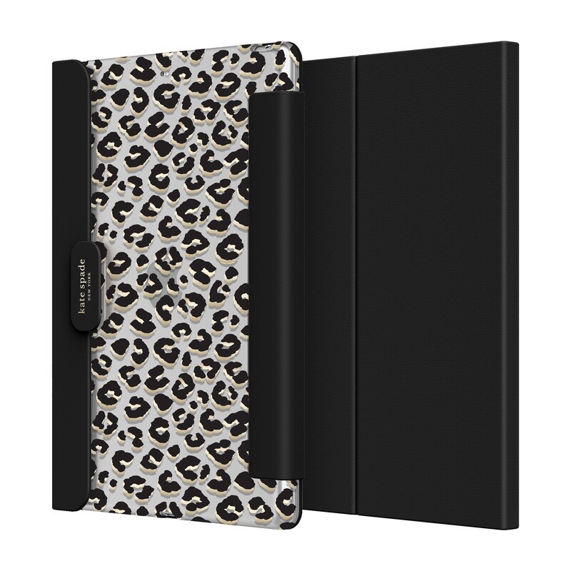 Kate Spade iPad 7/8/9 10.2" Protective Folio, Leopard Black/Gold Foil/Clear/Black/Lambskin/Black Ton