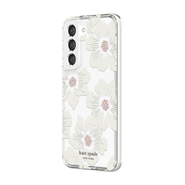 Kate Spade Samsung Galaxy S22 5G 6.2" Defensive Hardshell, Hollyhock Floral Clear/Cream with Stones/