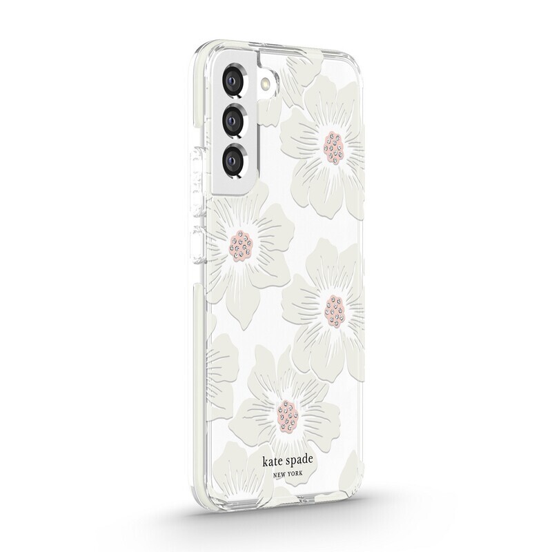Kate Spade Samsung Galaxy S22+ 5G 6.7" Defensive Hardshell, Hollyhock Floral Clear/Cream with Stones