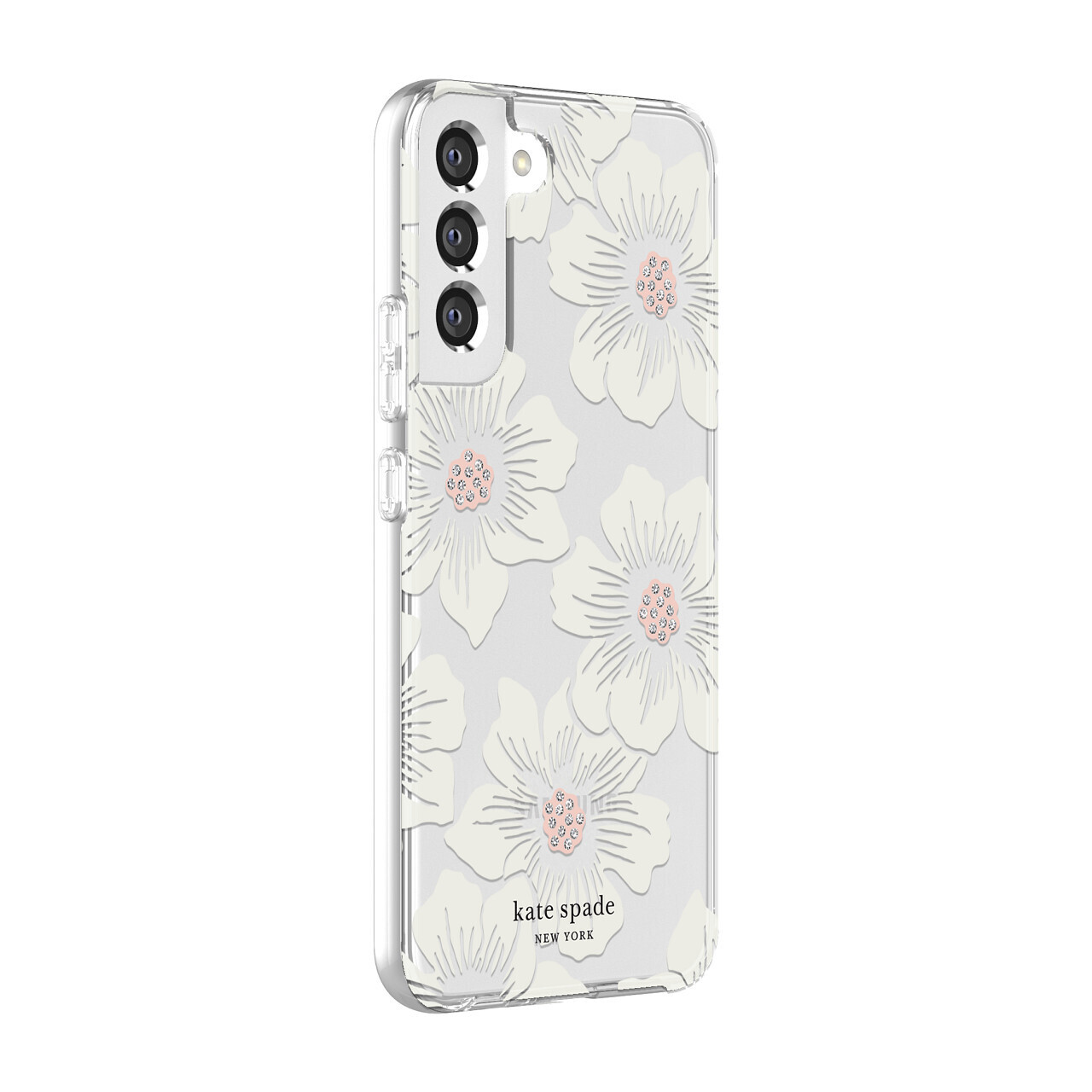 Kate Spade Samsung Galaxy S22+ 5G 6.7" Defensive Hardshell, Hollyhock Floral Clear/Cream with Stones