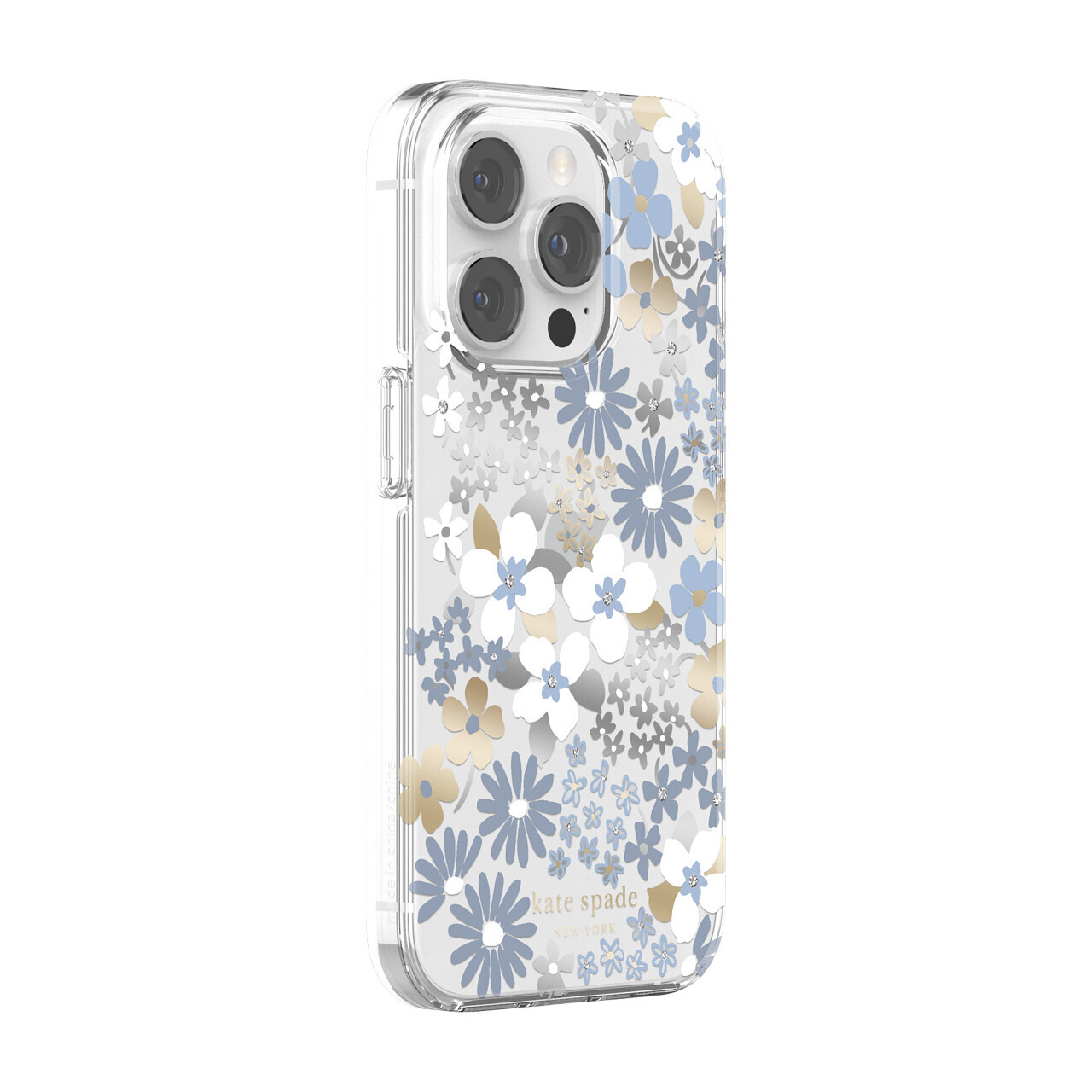 Kate Spade iPhone 14 Pro Protective Hardshell, Flower Fields/Dusty Blue/Silver Foil/Gold Foil/Gems