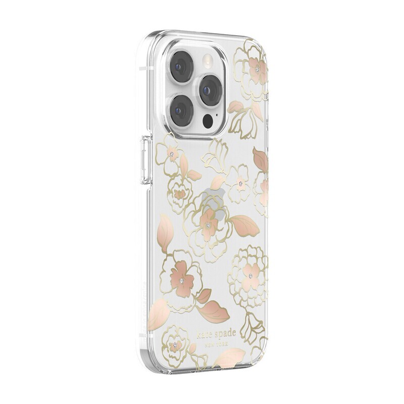 Kate Spade iPhone 14 Pro Protective Hardshell, Gold Floral/Gold Foil/Rose Gold Foil/Gems