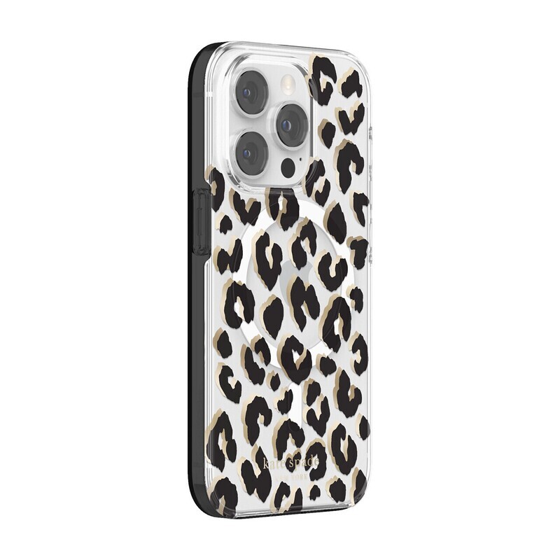 Kate Spade iPhone 14 Pro Protective Hardshell for MagSafe, City Leopard Black/Gold Foil/Clear