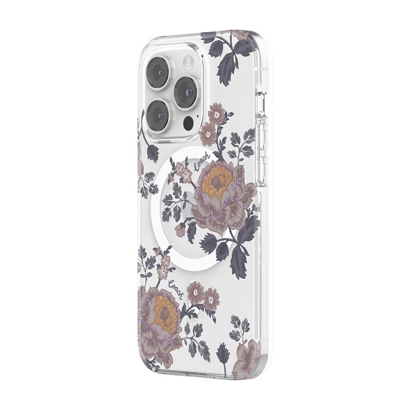 Coach iPhone 14 Pro Protective Case for MagSafe, Moody Floral/Purple/Glitter/Clear