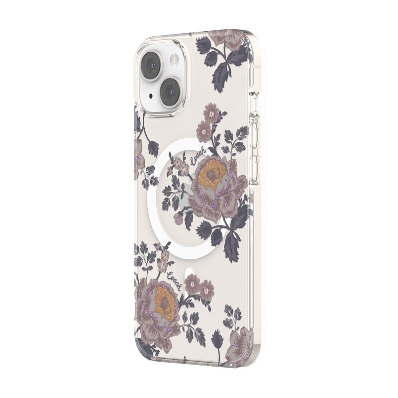 Coach iPhone 14 Protective Case for MagSafe, Moody Floral/Purple/Glitter/Clear