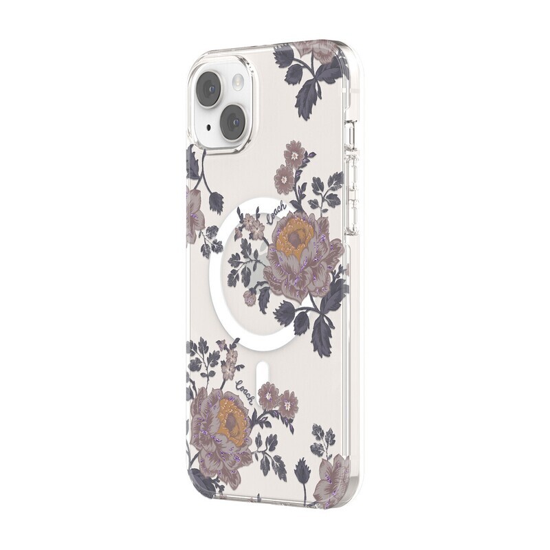 Coach iPhone 14 Plus Protective Case for MagSafe, Moody Floral/Purple/Glitter/Clear