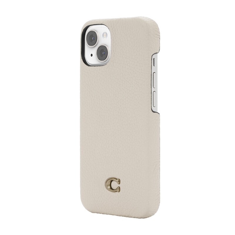 Coach iPhone 14 Slim Wrap Case, Ivory C Plaque/Pebbled Leather/Gold Logo