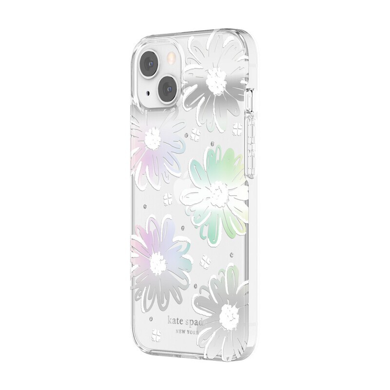 Kate Spade iPhone 13 6.1" Protective Hardshell, Daisy Iridescent Foil/White/Clear/Gems