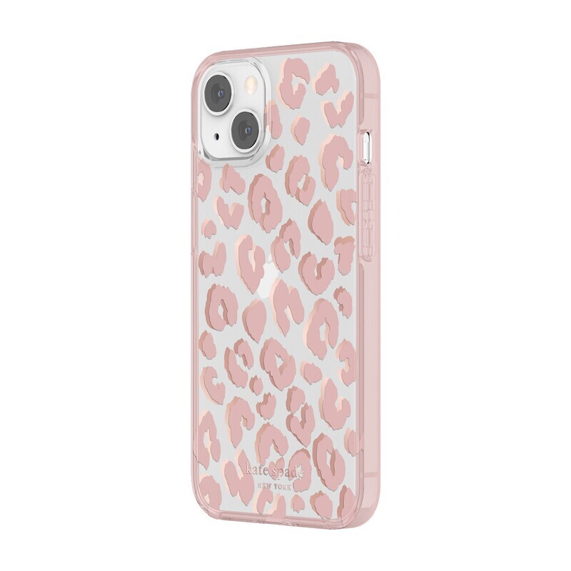 Kate Spade iPhone 13 6.1" Protective Hardshell, City Leopard Pink/Rose Gold Foil/Clear