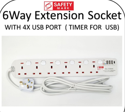 HOYO 6 Way Extension Socket with USB & Timer Switch - 3 Meter (3500772)