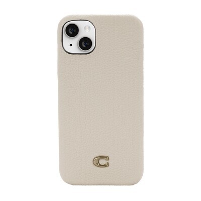 Coach iPhone 14 Plus Slim Wrap Case, Ivory C Plaque/Pebbled Leather/Gold Logo