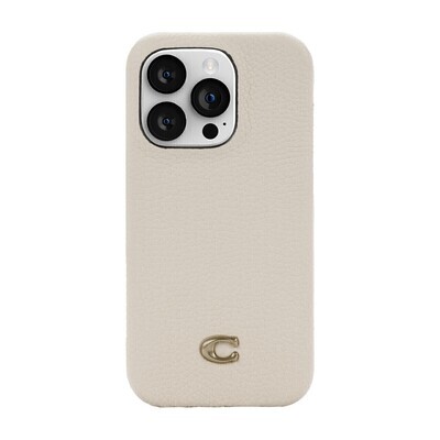 Coach iPhone 14 Pro Slim Wrap Case, Ivory C Plaque/Pebbled Leather/Gold Logo