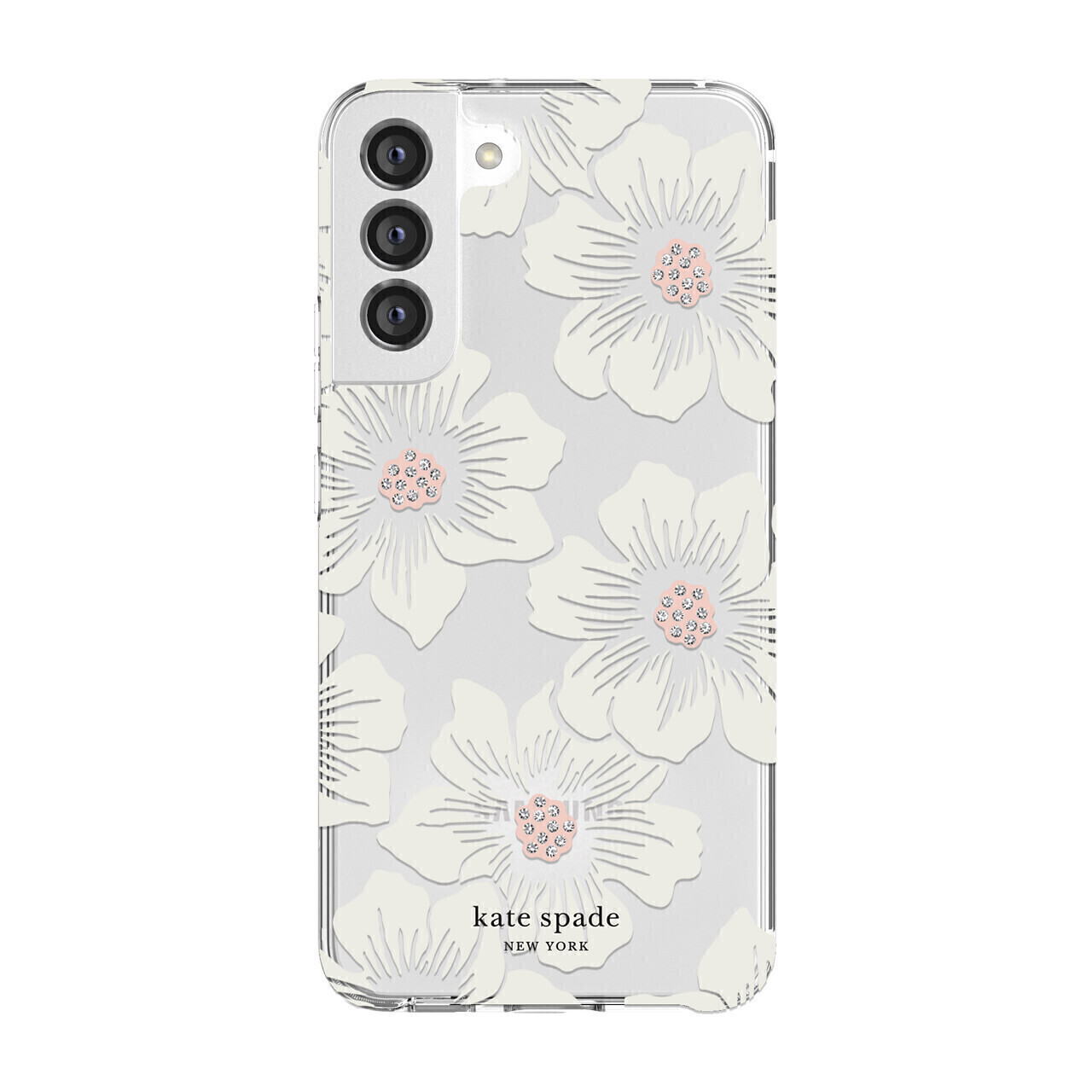 Kate Spade Samsung Galaxy S22 Plus 5G Defensive Hardshell, Hollyhock Floral Clear/Cream with Stones