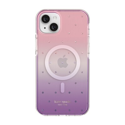 Kate Spade iPhone 14 Plus Defensive Hardshell for MagSafe, Ombre Pin Dot/Violet/Pink/Gems/Gold Foil
