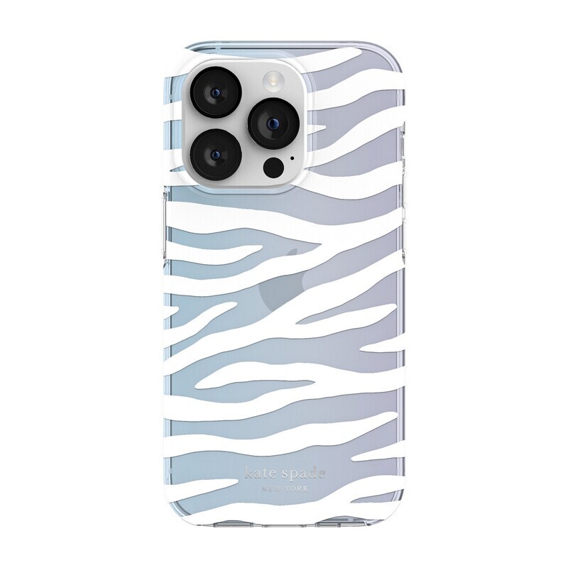 Kate Spade iPhone 14 Pro Protective Hardshell, White Zebra/Iridescent Film/Pearl Foil