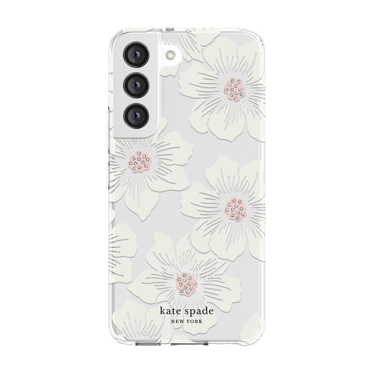 Kate Spade Samsung Galaxy S22 5G Defensive Hardshell, Hollyhock Floral Clear/Cream with Stones