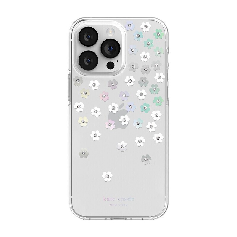 Kate Spade iPhone 14 Pro Max Protective Hardshell, Scattered Flowers/Iridescent/Clear/White/Gems