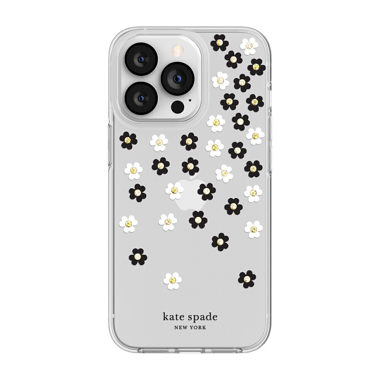 Kate Spade iPhone 13 Pro Protective Hardshell, Scattered Flowers Black/White/Gold Gems/Clear/Wh