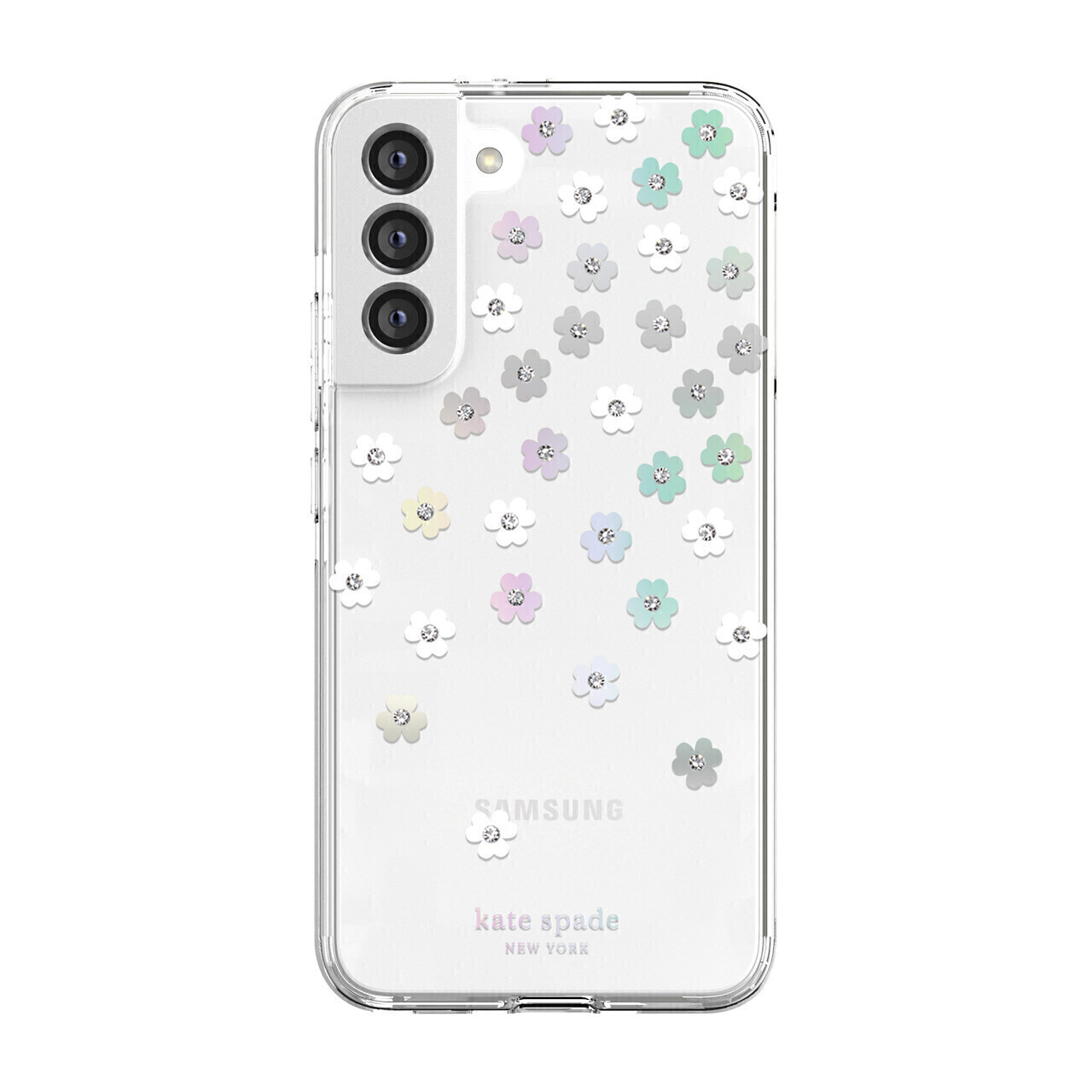 Kate Spade Samsung Galaxy S22 Plus 5G Defensive Hardshell, Scattered Flowers/Iridescent/Clear/Gems/