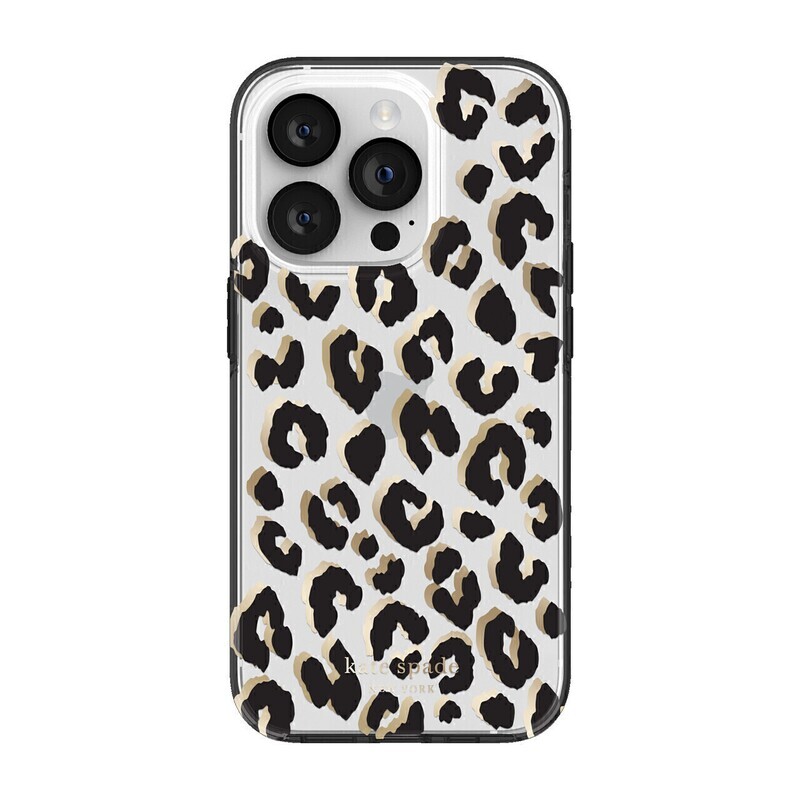Kate Spade iPhone 14 Pro Protective Hardshell, City Leopard Black/Gold Foil/Clear