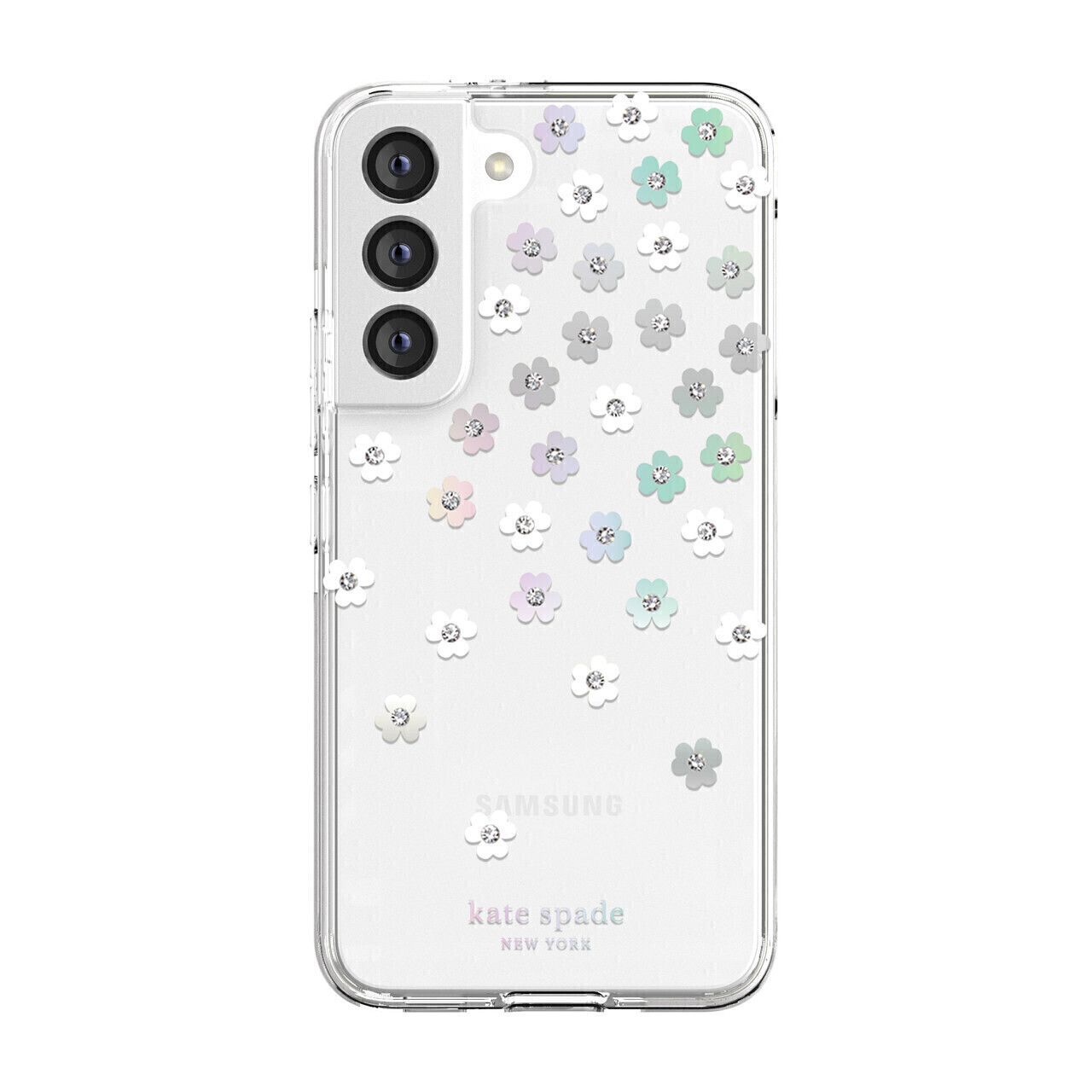 Kate Spade Samsung Galaxy S22 5G Defensive Hardshell, Scattered Flowers/Iridescent/Clear/Gems/W