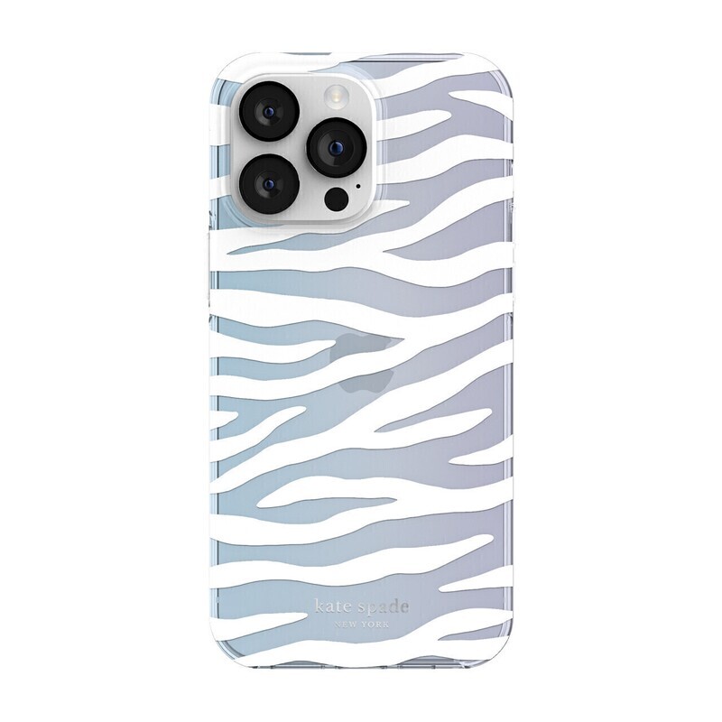Kate Spade iPhone 14 Pro Max Protective Hardshell, White Zebra/Iridescent Film/Pearl Foil