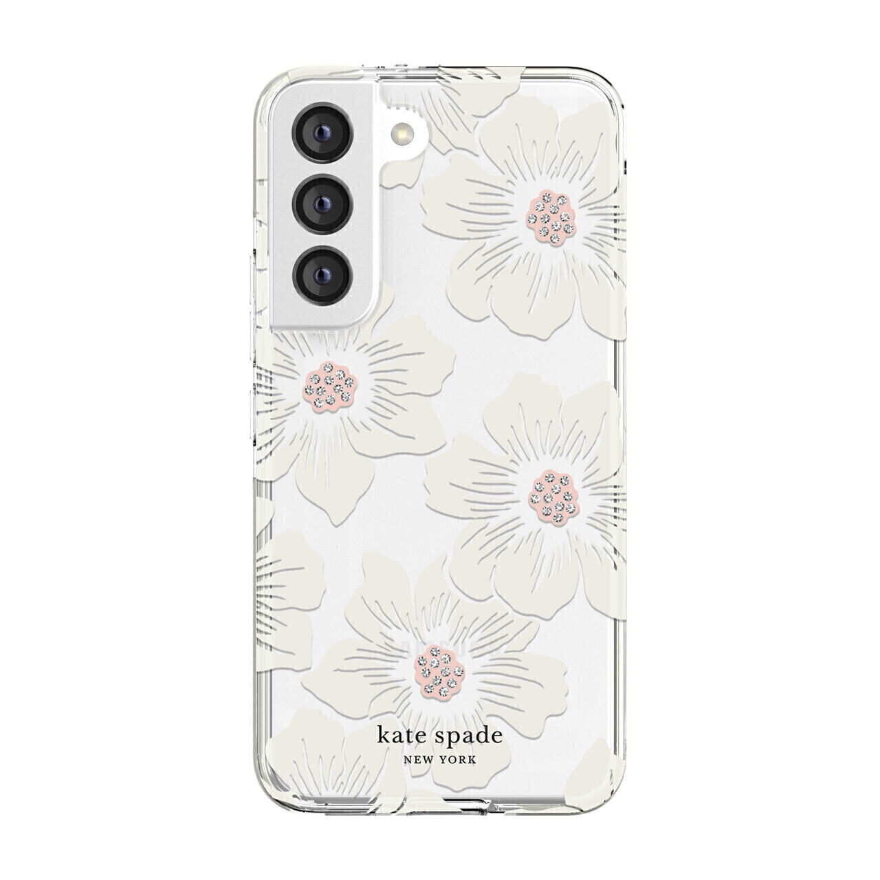 Kate Spade Samsung Galaxy S22 5G Defensive Hardshell, Hollyhock Floral Clear/Cream with Stones/