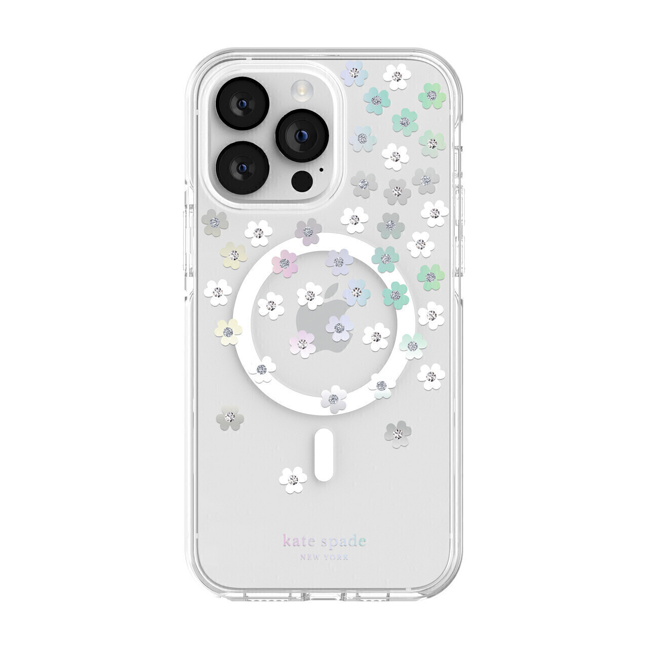 Kate Spade iPhone 14 Pro Max Defensive Hardshell for MagSafe, Scattered Flowers/Iridescent/Clear/Whi