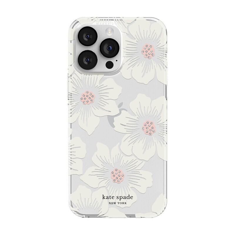 Kate Spade iPhone 14 Pro Max Protective Hardshell, Hollyhock Floral Clear/Cream with Stones