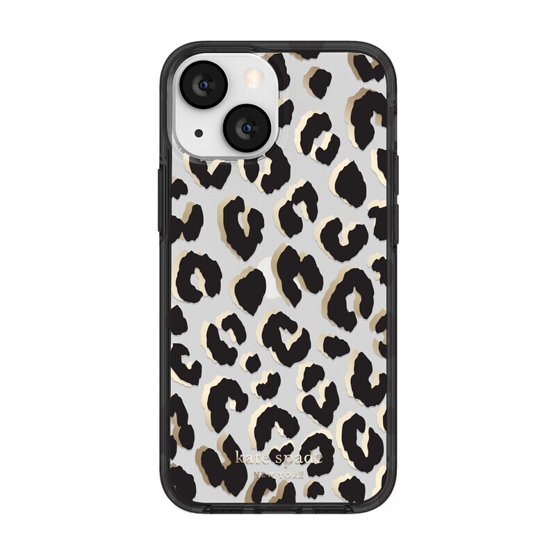 Kate Spade iPhone 13 mini Protective Hardshell, City Leopard Black/Gold Foil/Clear