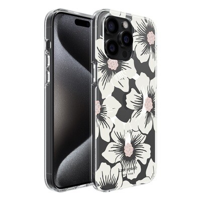 Kate Spade New York Protective Hardshell Case for iPhone 15 Pro Max - Hollyhock Cream/Blush/Translucent White/Glitter Flower