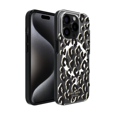 Kate Spade New York Protective Hardshell for MagSafe Case for iPhone 15 Pro - City Leopard Black/Gold Foil/Clear