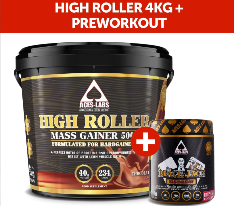 HIGH ROLLER MASS GAINER 5000 4KG + BLACK JACK PRE-WORKOUT