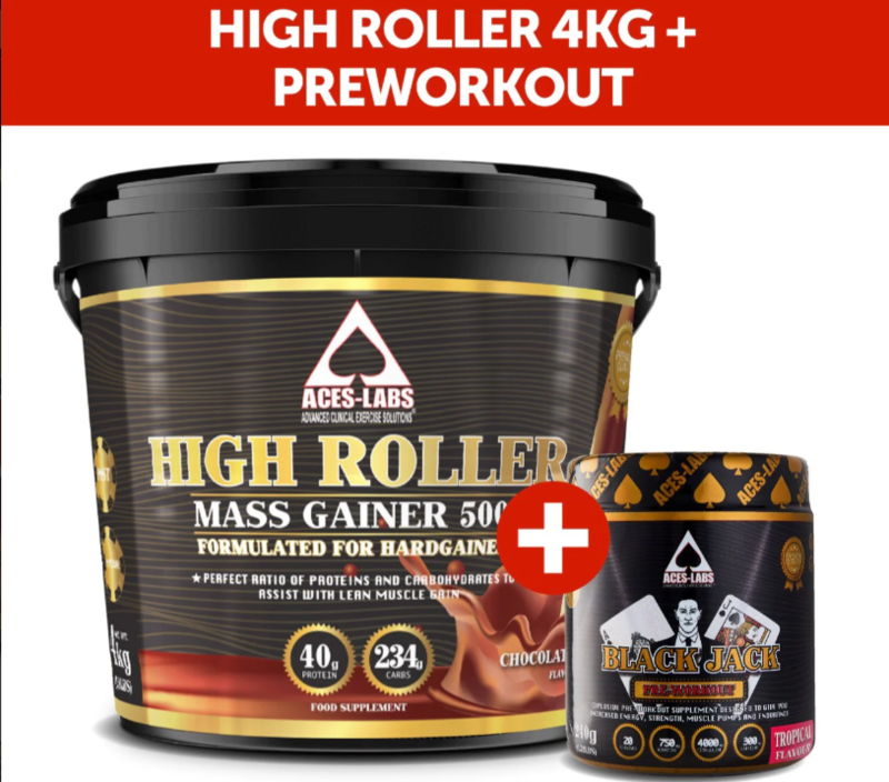 HIGH ROLLER MASS GAINER 5000 4KG + BLACK JACK PRE-WORKOUT