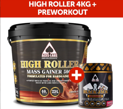 HIGH ROLLER MASS GAINER 5000 4KG + BLACK JACK PRE-WORKOUT