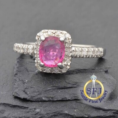 Rubellite Pink Tourmaline and Diamond Ring, Solid 14K White Gold