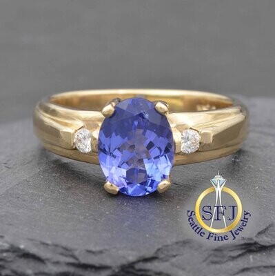 Oval Tanzanite and Diamond Ring, Solid 14K Yellow Gold