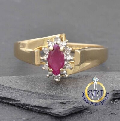 Marquise Ruby and Diamond Halo Ring, Solid 14K Yellow Gold