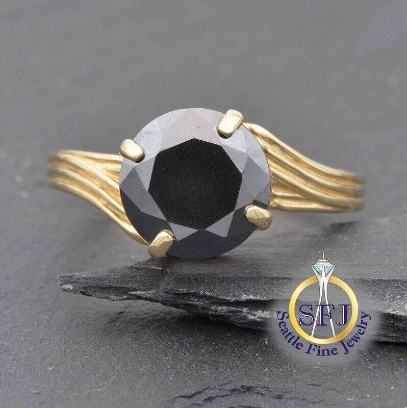 Black Moissanite Solitaire Ring, Solid 14K Yellow Gold