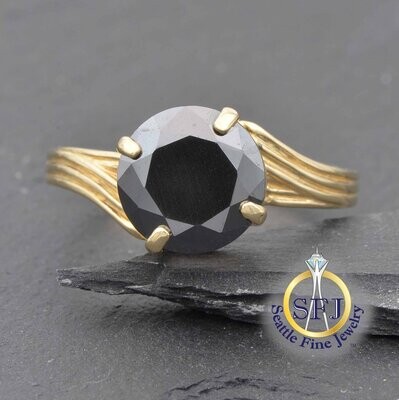 Large Black Moissanite Solitaire Ring, Solid 14K Yellow Gold