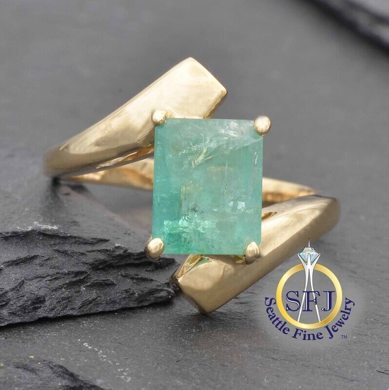 Emerald Solitaire Bypass Ring, Solid 10K Yellow Gold